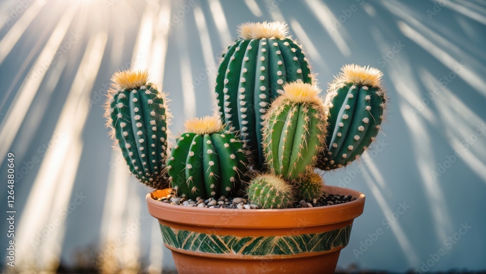 Poster cacti in a terracotta pot with sunlight rays in the background showcasing their spikes and textures 