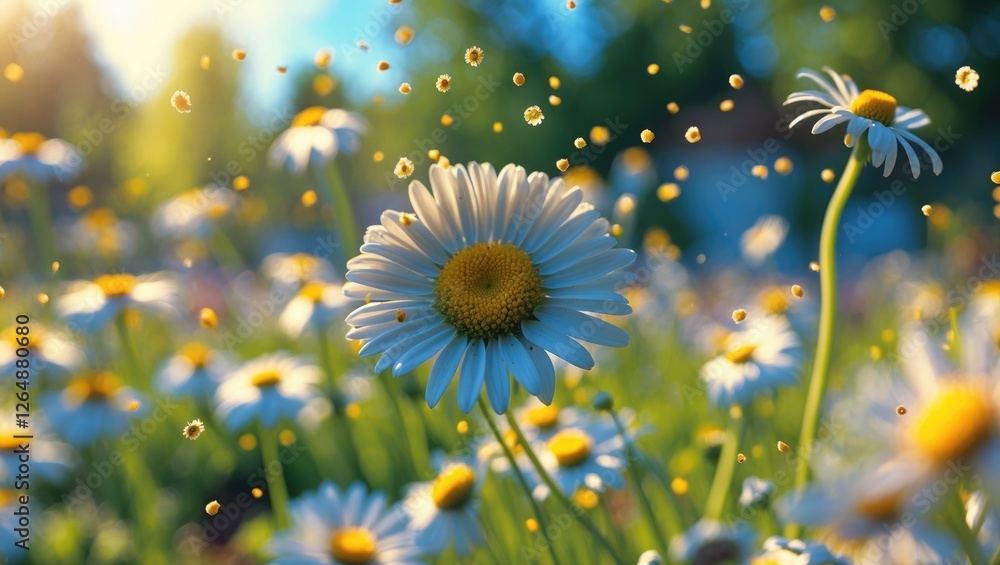 Poster vibrant field of blooming daisies with sunlight creating a soft bokeh effect and scattered pollen in