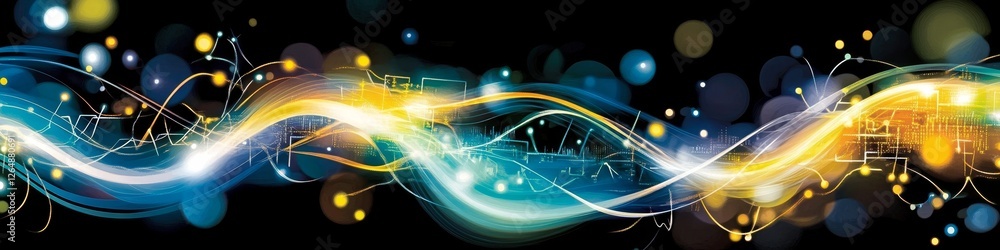 Poster abstract network, bright tech connection, data background with glowing waves of light flow on black