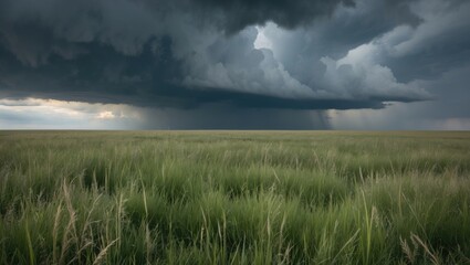 Obraz premium Dramatic storm clouds over a vast green field landscape with dark ominous sky and rain in the distance Copy Space