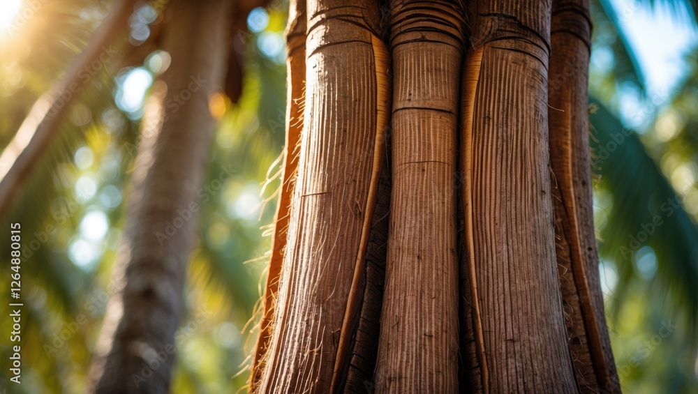Poster close-up of tropical tree trunk with textured bark and sunlight filtering through palm leaves in the