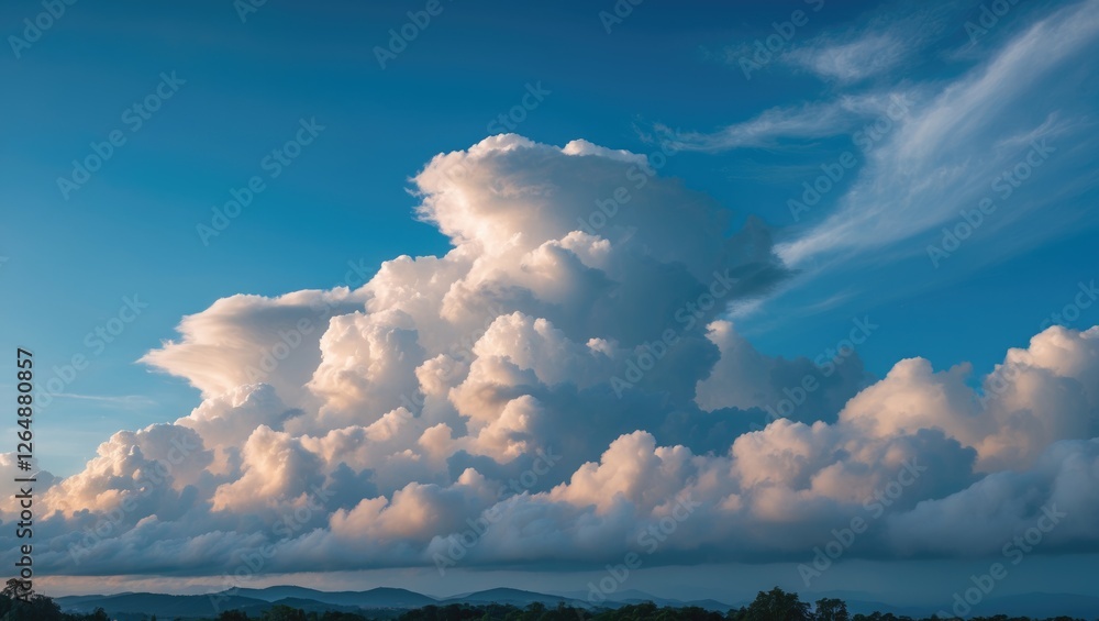 Poster dramatic clouds under a blue sky with distant mountains in the background and ample copy space for t