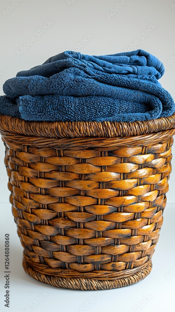 Poster a stylish wicker basket filled with neatly folded soft towels, showcasing textures and colors that e