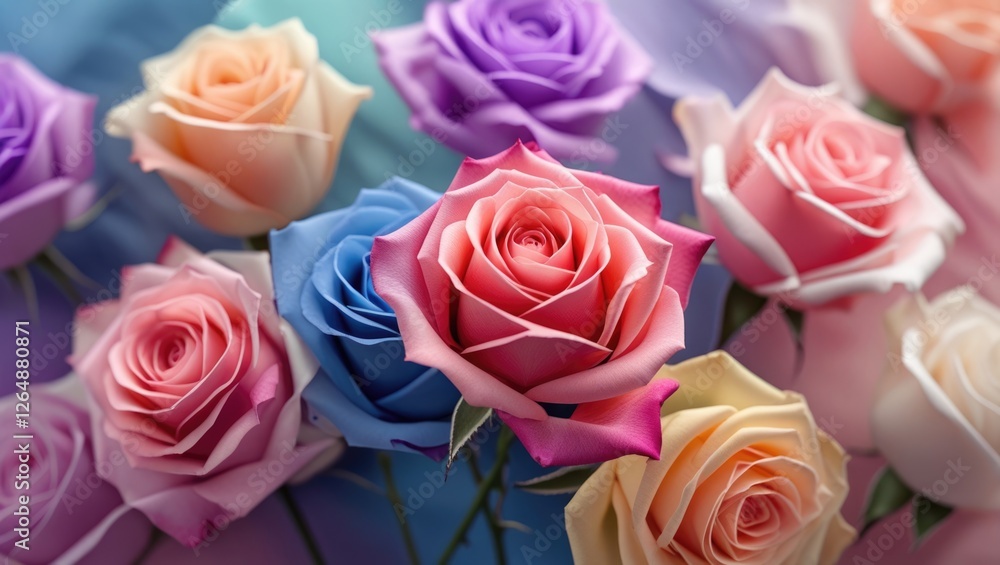 Poster colorful arrangement of roses in various pastel shades with a soft gradient background and copy spac