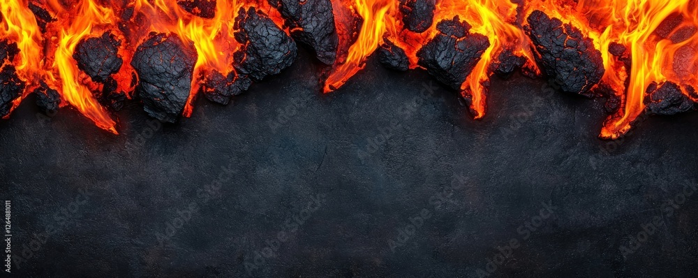 Poster flames and charcoal background with vibrant orange fire elements for bold visual elements and textur