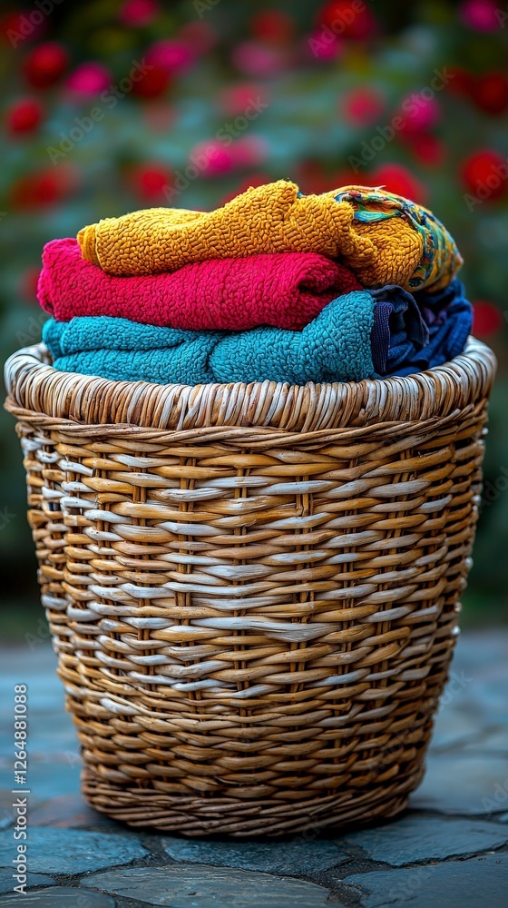 Poster a colorful basket filled with a variety of soft towels highlighting vibrant colors set against a blu