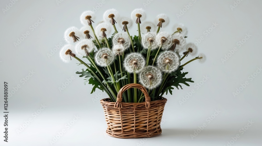 Poster dandelion flowers in a wicker basket on a plain background with copy space for text placement