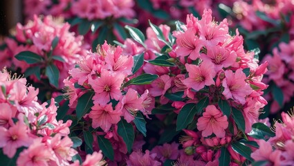 Pink flowering shrubs in full bloom with lush green leaves on a sunny day, vibrant floral background, Copy Space.