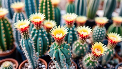 Colorful blooming cacti in pots with vibrant yellow and red flowers creating a natural texture background with Copy Space