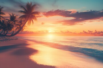 panoramic sunset over tropical beach, golden hour light reflecting on calm waters, silhouetted palm trees, and gradient sky