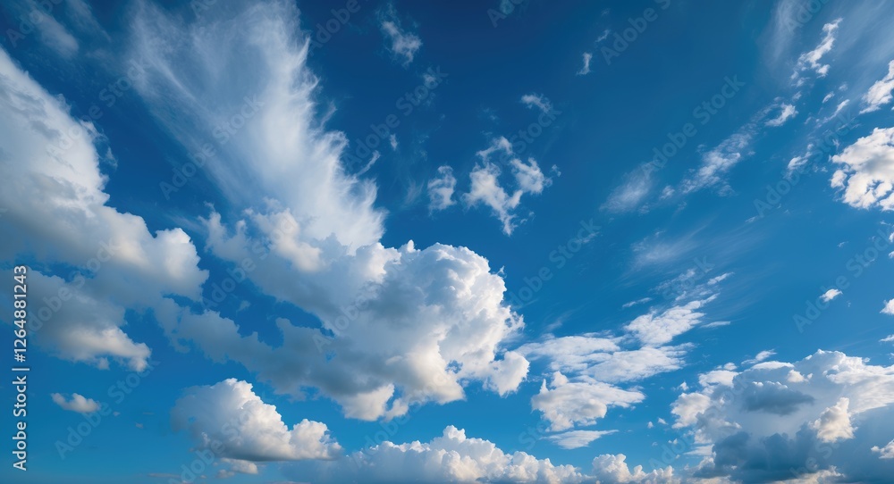 Poster vibrant cloudy sky with assorted cloud formations and blue background suitable for text overlay copy