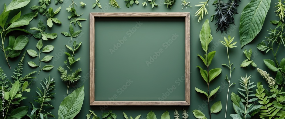 Aufkleber green foliage frame with assorted leaves arranged around a central empty space on a dark green backg