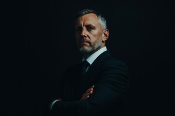 Fototapeta premium Confident executive in suit with arms crossed, black background. Business use
