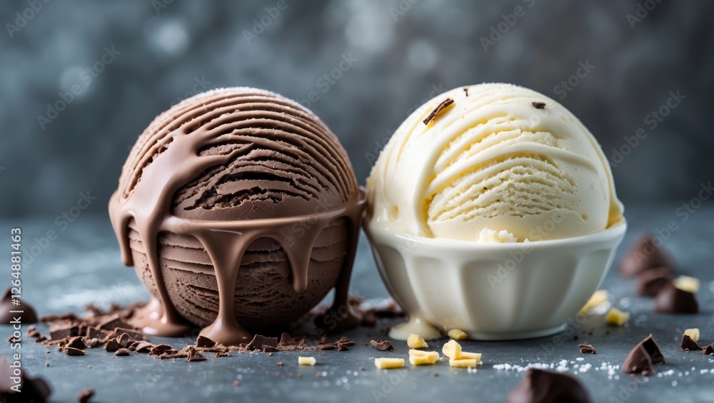 Poster two scoops of chocolate and vanilla ice cream with chocolate chips and sprinkles on a textured gray 