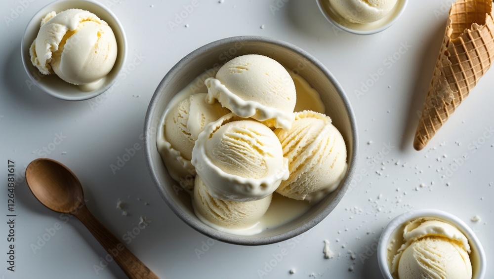 Poster bowl of vanilla ice cream scoops with two empty bowls and waffle cones on a light background with co