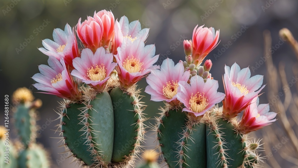 Poster cacti with vibrant pink and white flowers in natural setting with blurred background and ample copy 