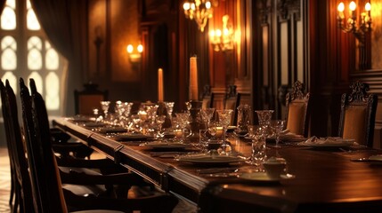 A long rectangular dining table with elegant detailing in the wood, set in a formal dining room