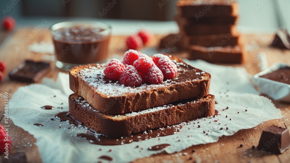Aufkleber chocolate toast with raspberries and powdered sugar on rustic wooden background with chocolate sauce