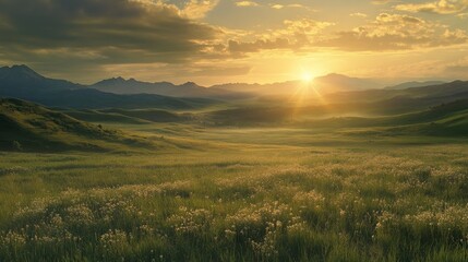 Fototapeta premium mountain range panorama at sunset, rolling green hills covered in wild grass, dramatic cloud formations, golden sunburst, layered mountain silhouettes, expansive meadowlands, pristine wilderness