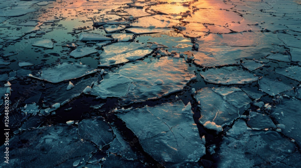 Poster cracks in thick ice create a mosaic pattern, reflecting warm hues of the sunset over the tranquil su