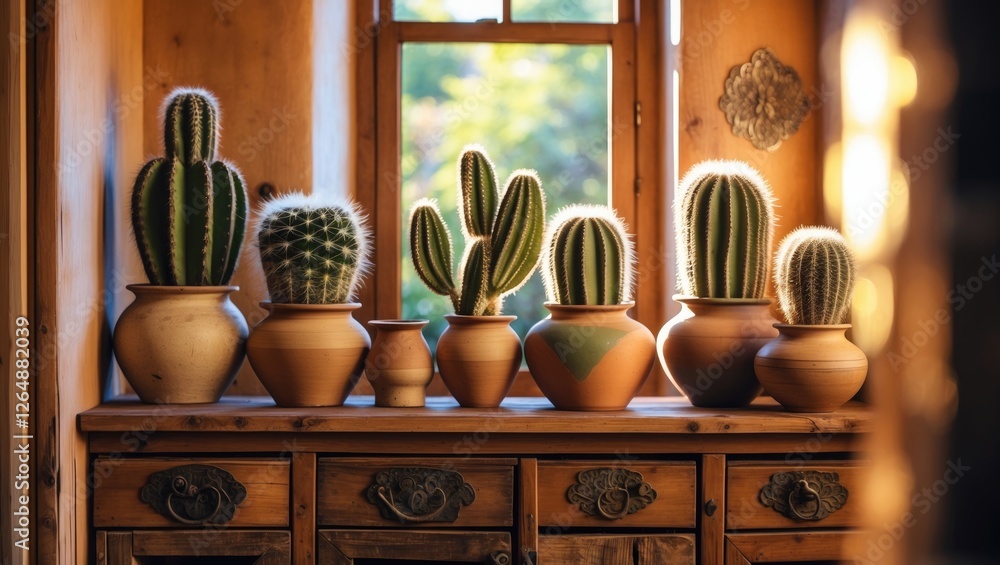 Poster decorative display of various cacti in terracotta pots on a wooden cabinet with sunlight filtering t