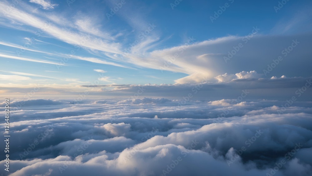 Aufkleber aerial view of fluffy clouds illuminated by soft sunlight against a blue sky with wispy clouds copy 