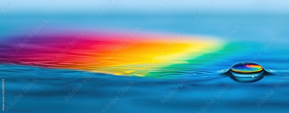 Poster vibrant rainbow reflection in water droplet with colorful waves on calm surface