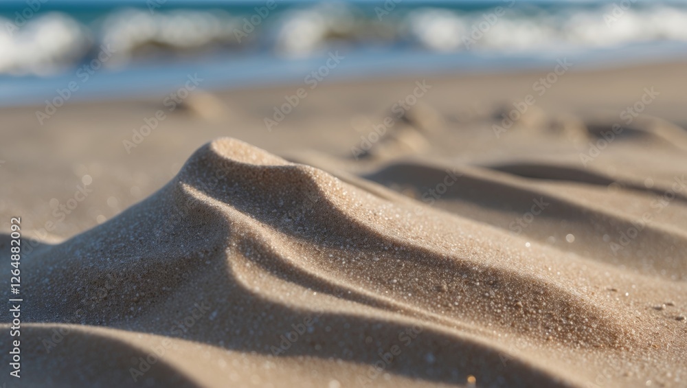 Aufkleber sand dune texture with gentle curves on beach foreground and ocean waves in blurred background copy 