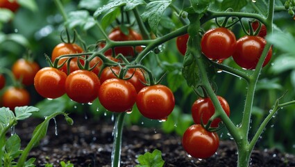 Fresh ripe tomatoes on vine with water droplets in a garden setting, vibrant green foliage, natural light, Copy Space