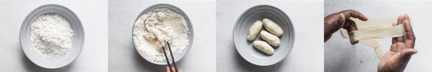 overhead view of the process of making belt noodles, pictorial illustrating how to make biang biang noodles