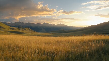 Fototapeta premium highland grassland panoramic view, sun setting behind mountain ridges, billowing clouds with golden highlights, emerald meadows, undulating hills, pristine mountain wilderness, soft evening light,