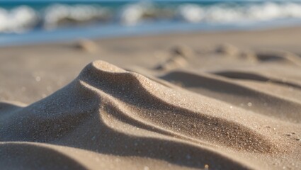 Obraz premium Sand dune texture with gentle curves on beach foreground and ocean waves in blurred background Copy Space