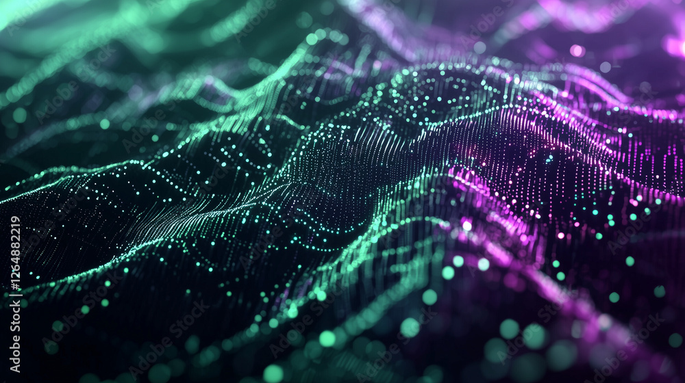 Poster A digital rendering of a landscape formed by interconnected glowing points. Teal and purple hues create a dynamic, abstract terrain. The image evokes technology and data visualization