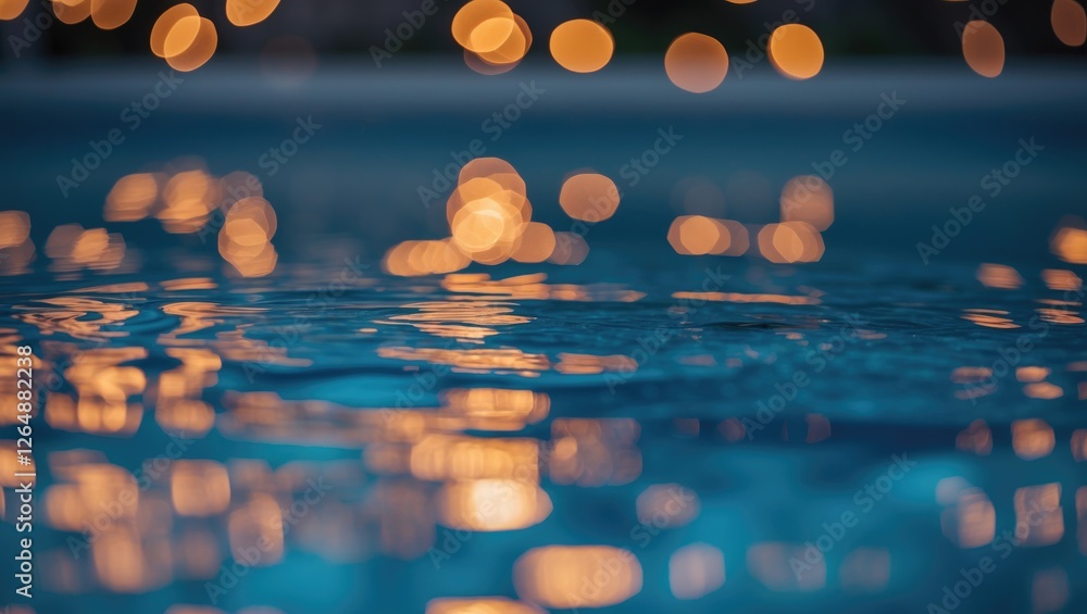 Aufkleber blurred water surface with golden bokeh lights reflecting on calm blue water creating a tranquil atm