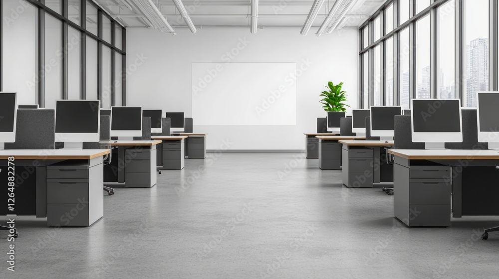 Poster Modern minimalist office space with large windows and desks featuring computer screens for a bright workspace
