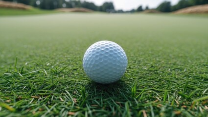 Fototapeta premium Close-up of a white golf ball resting on lush green grass with blurred background of a golf course and clear sky Copy Space