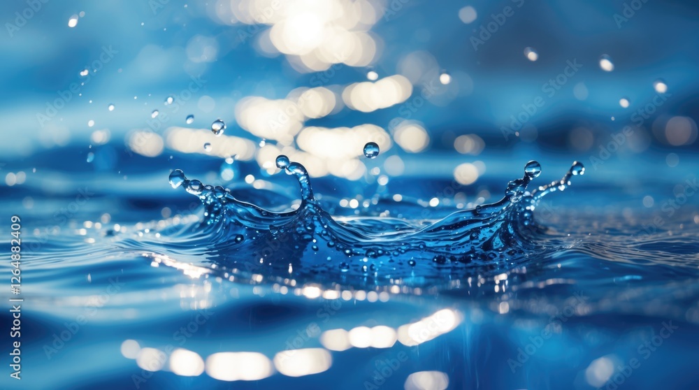 Poster close-up of water splash with droplets and reflections on surface in blue tones with bokeh effect an
