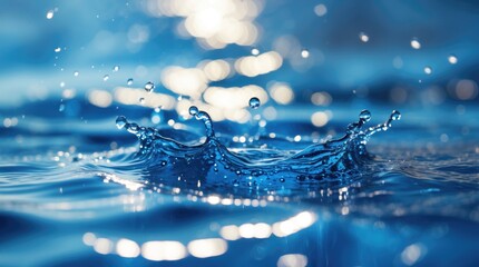 Close-up of water splash with droplets and reflections on surface in blue tones with bokeh effect and Copy Space