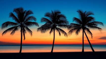 Fototapeta premium tropical sunset gradient, palm trees in shadow, vivid orange and blue sky, minimalist beach scene, elegant palm silhouettes, peaceful evening atmosphere, smooth color blend, exotic landscape