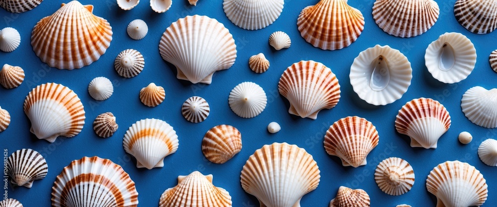 Aufkleber colorful assorted seashells on blue background with various shapes and sizes arranged artistically. 