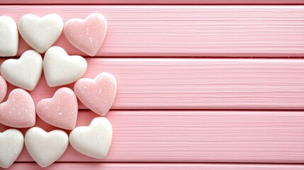 Obraz premium Sweet Heart-Shaped Candy on a Pink Wooden Background for Romantic Celebrations and Valentine's Day Treats