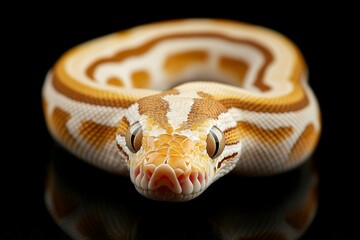 Obraz premium Ball python snake curls on black, eye-level, showing scales, skin pattern, beauty