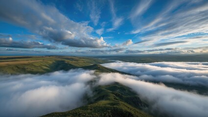 Obraz premium Dramatic aerial view of rolling green hills covered in clouds under a blue sky with fluffy white clouds and soft sunlight Copy Space