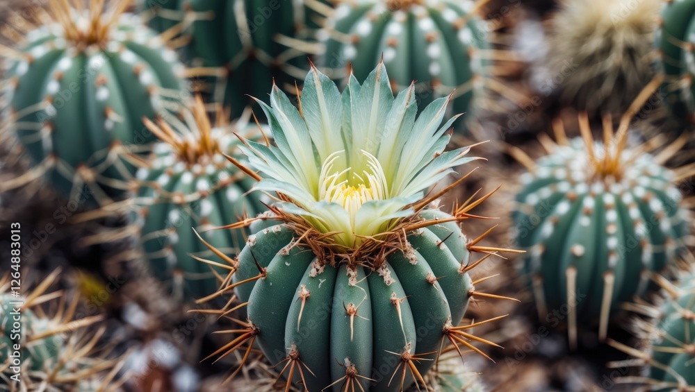 Poster close-up view of vibrant cactus with blooming flower and sharp spines surrounded by other cacti in n