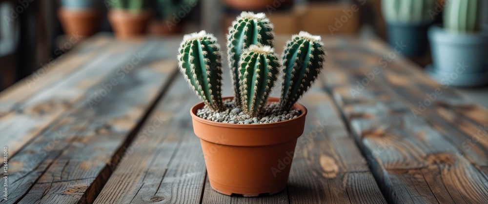 Poster cactus plant in a terracotta pot on a rustic wooden table with blurred background and ample copy spa