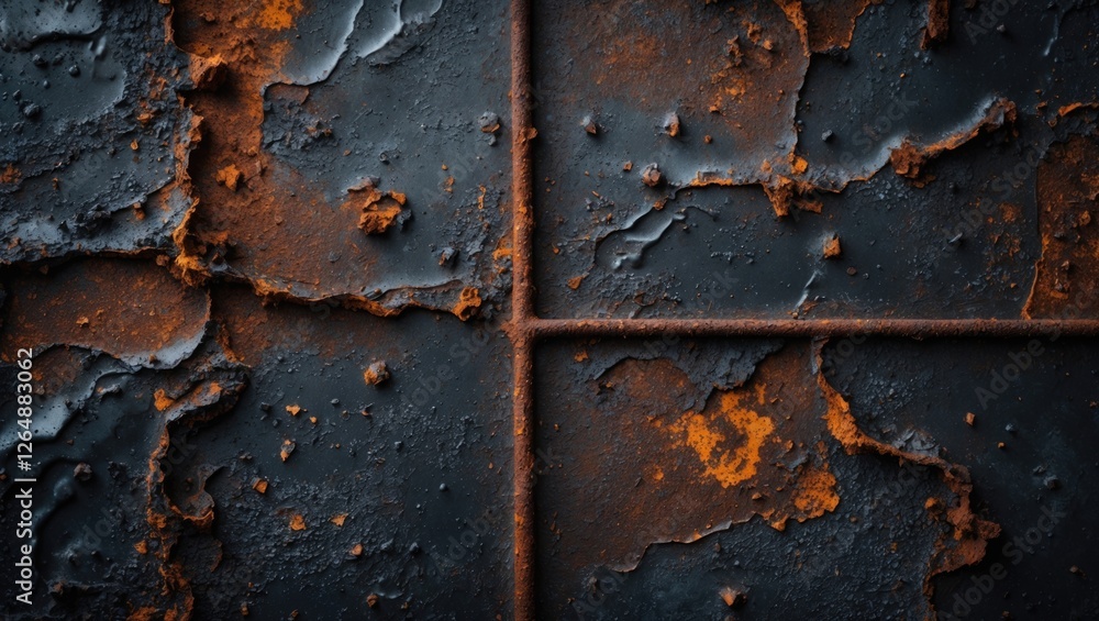 Poster rusty metal surface with textured patterns and orange oxidation streaks on dark background featuring