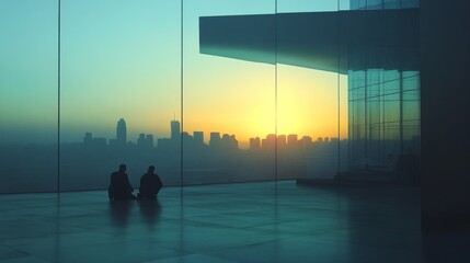 metropolitan morning vista, ethereal city landscape, filtered sunlight through glass, modern architectural silhouettes, serene urban dawn, contemporary skyline view, ambient blue tones, peaceful city
