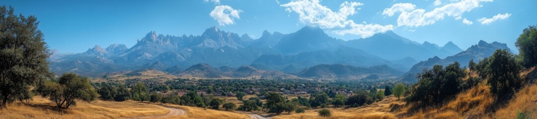 Fototapeta premium Panoramic View of Mountain Range with Village in the Foreground. Generative AI
