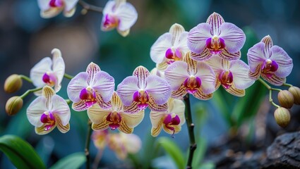 Pink and white orchids with purple centers blooming on a green background Copy Space