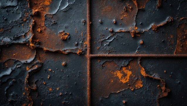 Rusty metal surface with textured patterns and orange oxidation streaks on dark background featuring grid lines and copy space